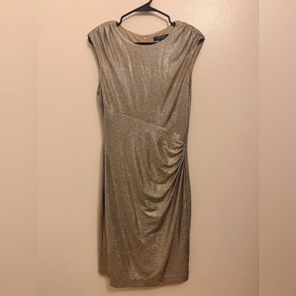 ✨Ralph Lauren Metallic Gold Sleeveless Midi Sheath Dress